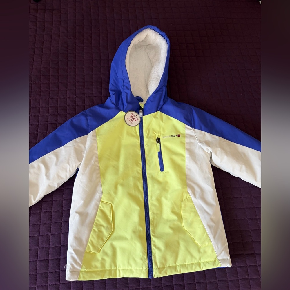 SwissTech Kids Winter Jacket S 6-6X Sherpa Lined Hooded Coat Blue Yellow Warm